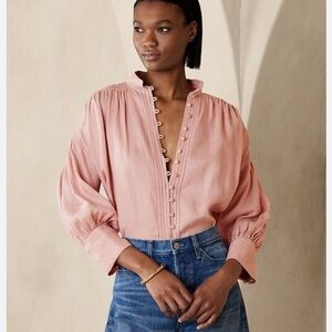 Banana Republic Mira Linen Peasant Blouse in Dusty Rose Pink L